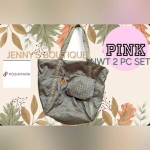 Nwt PINK Victoria's Secret Green Tote and Pouch 2 Pc Weekender Set